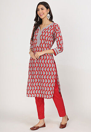 Printed Pure Cotton Pakistani Suit in Red