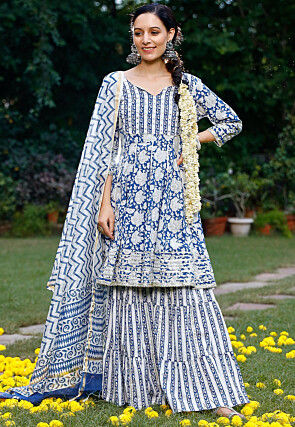 Printed Pure Cotton Pakistani Suit in Royal Blue