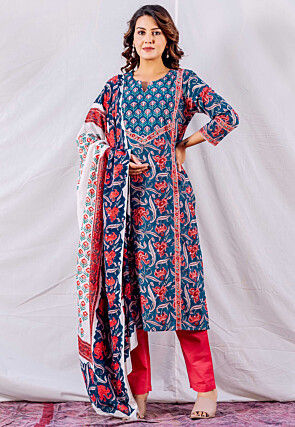 Printed Pure Cotton Pakistani Suit in Royal Blue