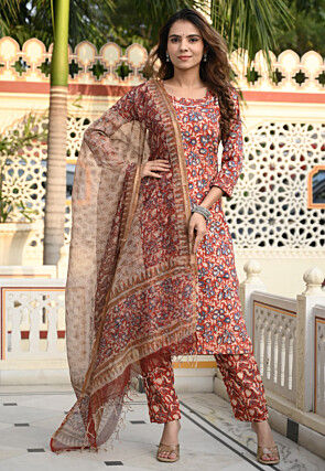 Printed Pure Cotton Pakistani Suit in Rust
