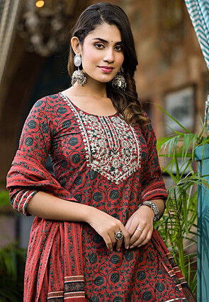 Printed Pure Cotton Pakistani Suit in Rust