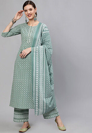 Printed Pure Cotton Pakistani Suit in Sea Green