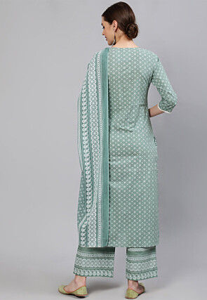 Printed Pure Cotton Pakistani Suit in Sea Green