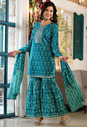 Printed Pure Cotton Pakistani Suit in Teal Blue
