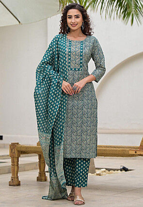 Printed Pure Cotton Pakistani Suit in Teal Blue