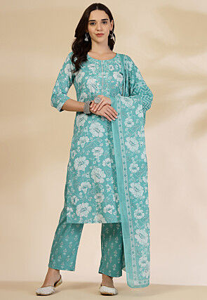 Printed Pure Cotton Pakistani Suit in Turquoise
