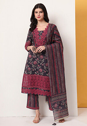 Printed Pure Cotton Pakistani Suit in Violet