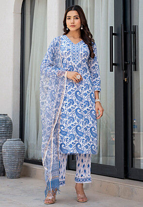 Printed Pure Cotton Pakistani Suit in White and Blue