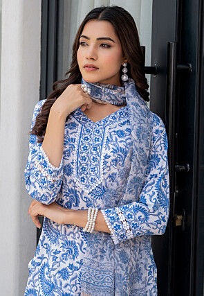 Printed Pure Cotton Pakistani Suit in White and Blue