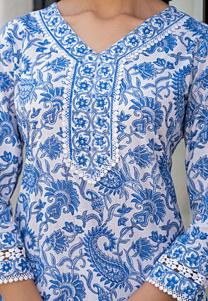 Printed Pure Cotton Pakistani Suit in White and Blue