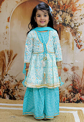 Printed Pure Cotton Pakistani Suit in White and Blue