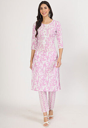 Printed Pure Cotton Pakistani Suit in White and Light Purple