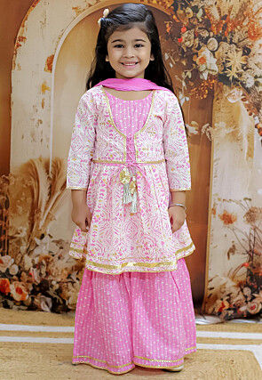 Printed Pure Cotton Pakistani Suit in White and Pink