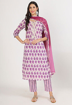 Printed Pure Cotton Pakistani Suit in White and Purple