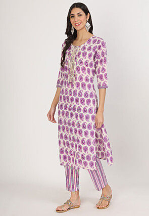 Printed Pure Cotton Pakistani Suit in White and Purple