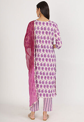 Printed Pure Cotton Pakistani Suit in White and Purple