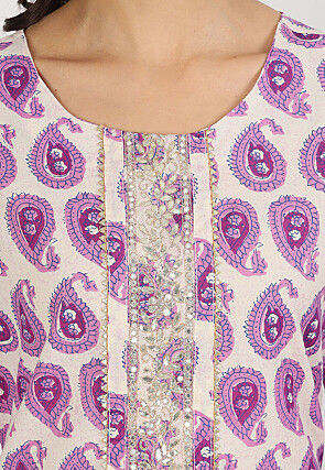 Printed Pure Cotton Pakistani Suit in White and Purple