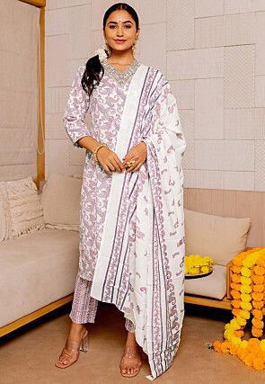 Printed Pure Cotton Pakistani Suit in White