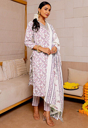 Printed Pure Cotton Pakistani Suit in White