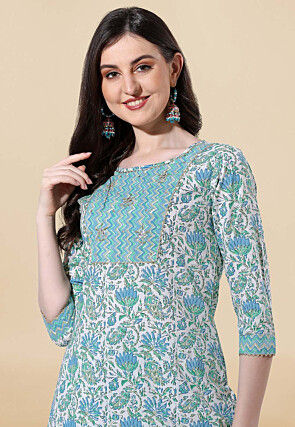 Printed Pure Cotton Pakistani Suit in White