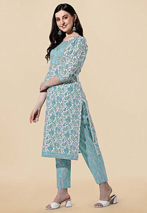 Printed Pure Cotton Pakistani Suit in White