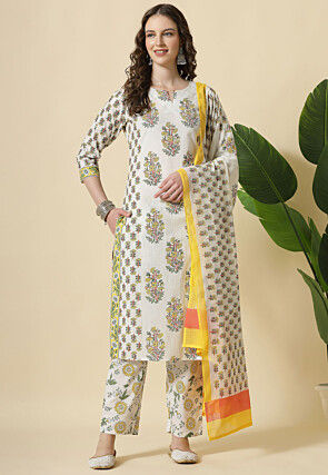 Printed Pure Cotton Pakistani Suit in White