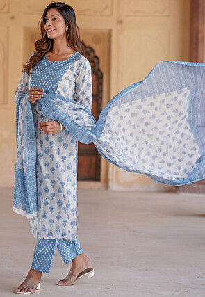 Printed Pure Cotton Pakistani Suit in White