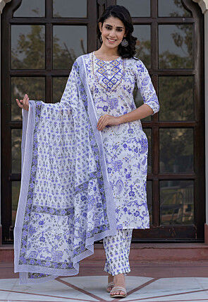 Printed Pure Cotton Pakistani Suit in White
