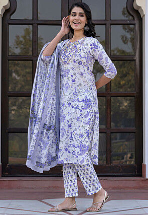 Printed Pure Cotton Pakistani Suit in White
