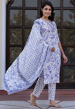 Printed Pure Cotton Pakistani Suit in White