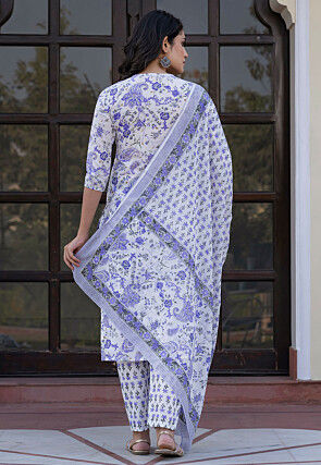 Printed Pure Cotton Pakistani Suit in White