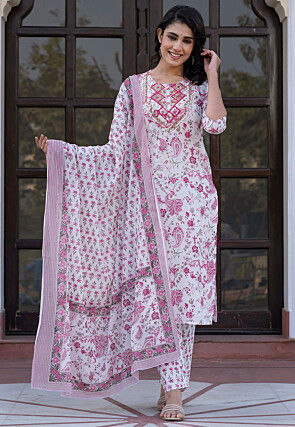 Printed Pure Cotton Pakistani Suit in White
