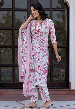Printed Pure Cotton Pakistani Suit in White