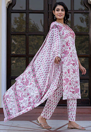 Printed Pure Cotton Pakistani Suit in White