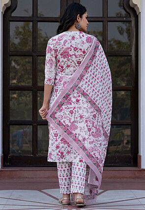 Printed Pure Cotton Pakistani Suit in White