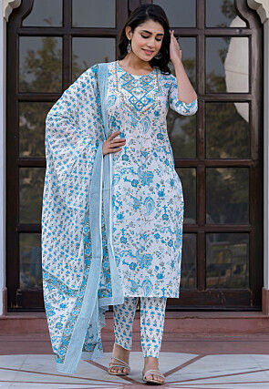 Printed Pure Cotton Pakistani Suit in White