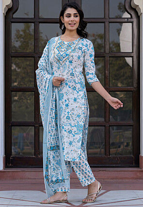 Printed Pure Cotton Pakistani Suit in White