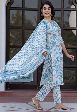 Printed Pure Cotton Pakistani Suit in White