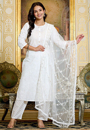 Printed Pure Cotton Pakistani Suit in White