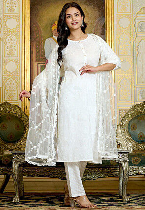 Printed Pure Cotton Pakistani Suit in White