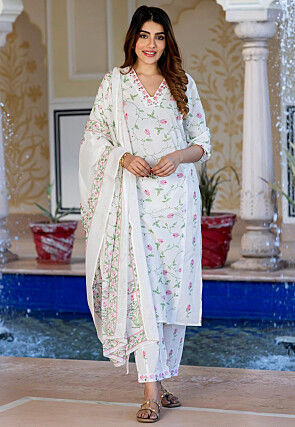 Printed Pure Cotton Pakistani Suit in White