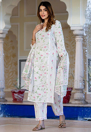 Printed Pure Cotton Pakistani Suit in White