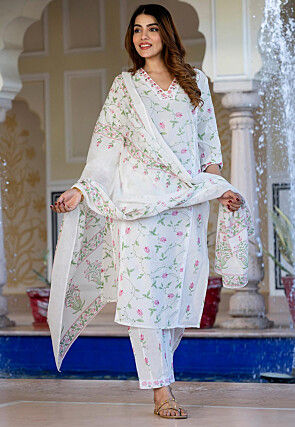 Printed Pure Cotton Pakistani Suit in White
