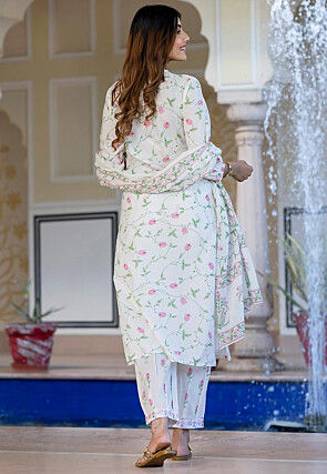 Printed Pure Cotton Pakistani Suit in White