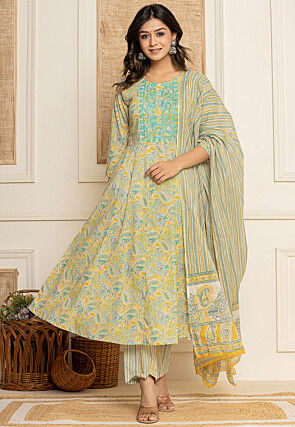 Printed Pure Cotton Pakistani Suit in Yellow