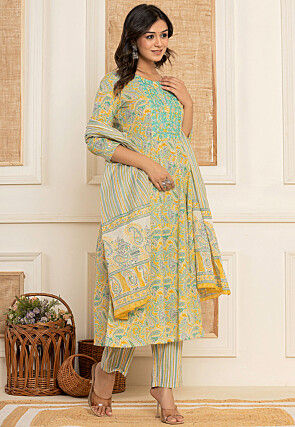 Printed Pure Cotton Pakistani Suit in Yellow