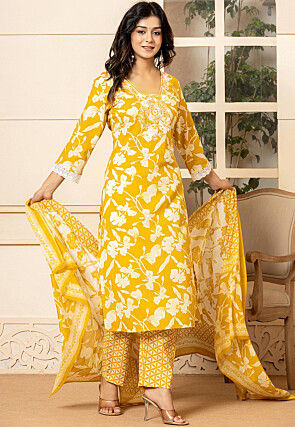 Printed Pure Cotton Pakistani Suit in Yellow