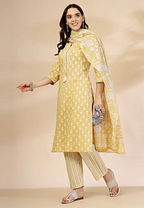 Printed Pure Cotton Pakistani Suit in Yellow