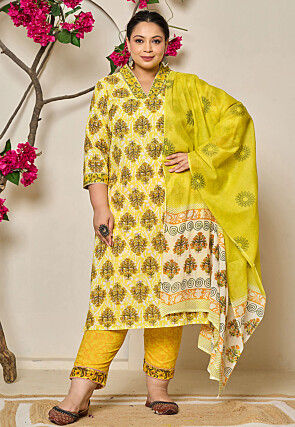 Printed Pure Cotton Pakistani Suit in Yellow