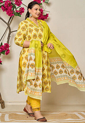 Printed Pure Cotton Pakistani Suit in Yellow